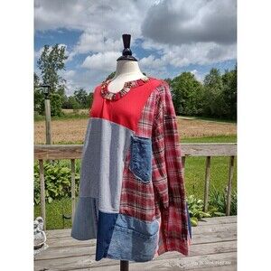 Custom funky oversized tunic Patched Denim & Flannel Refashioned Top